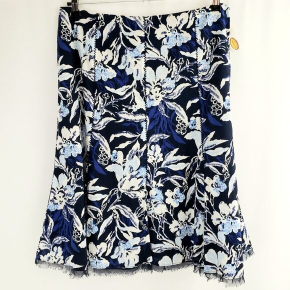 Talbots A-Line Cotton Skirt Size 16 Blue Floral Lined Frayed Hem Side Zipper - Picture 1 of 8